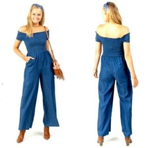 Francesscas navy blue denim wide-leg off the shoulder jumpsuit! SIZE XS
